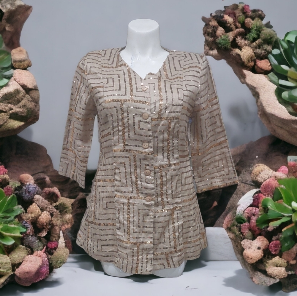 Night Studio Linen Sequin Gold Blazer Fit Flare Lightweight Women's Size 10